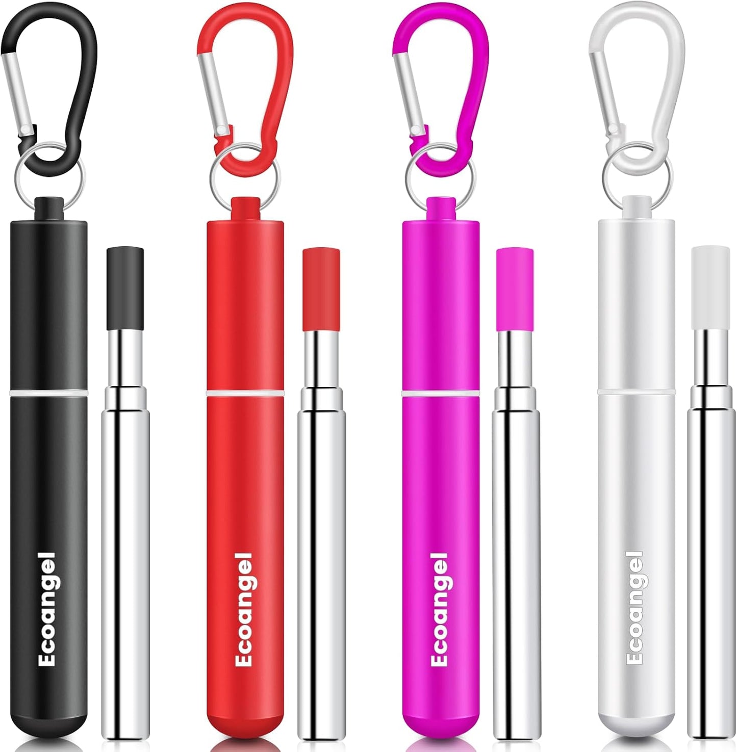 Ecoangel Cruise Ship Essentials,4-Pack reusable Collapsible Stainless Steel Drinking Straws with Aluminum Case,Cleaning Brush,and Keychains-Silver,Blue,Red,Green