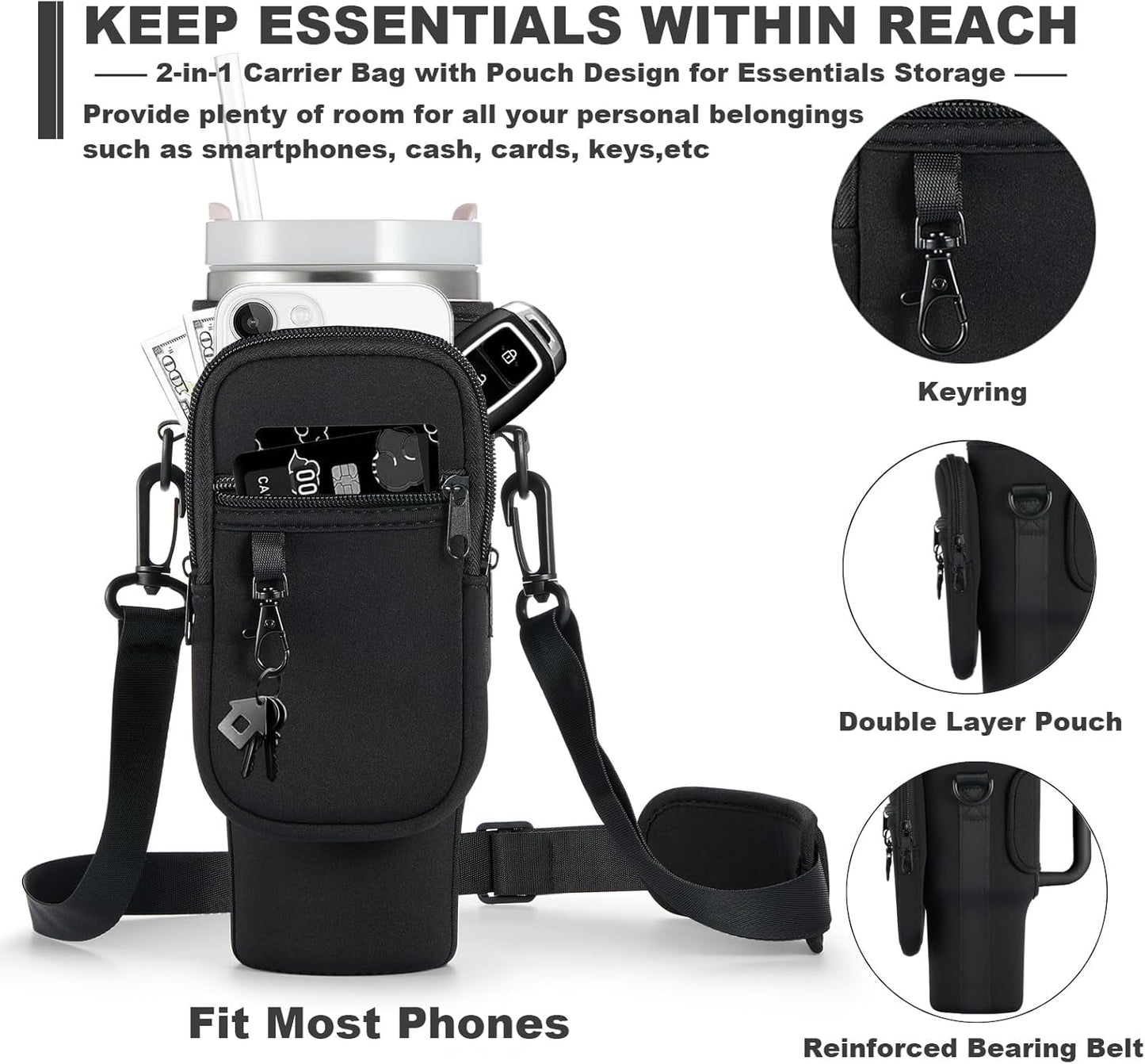 BULKITEM Water Bottle Carrier Bag with Phone Pocket for Stanley 40 & 30 oz Tumbler with Handle,Pink Insulated Neoprene Cup Holder Pouch w/Adjustable Strap for Quencher H2.0 Stanley Cup Accessories