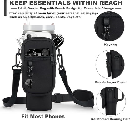 BULKITEM Water Bottle Carrier Bag with Phone Pocket for Stanley 40 & 30 oz Tumbler with Handle,Pink Insulated Neoprene Cup Holder Pouch w/Adjustable Strap for Quencher H2.0 Stanley Cup Accessories