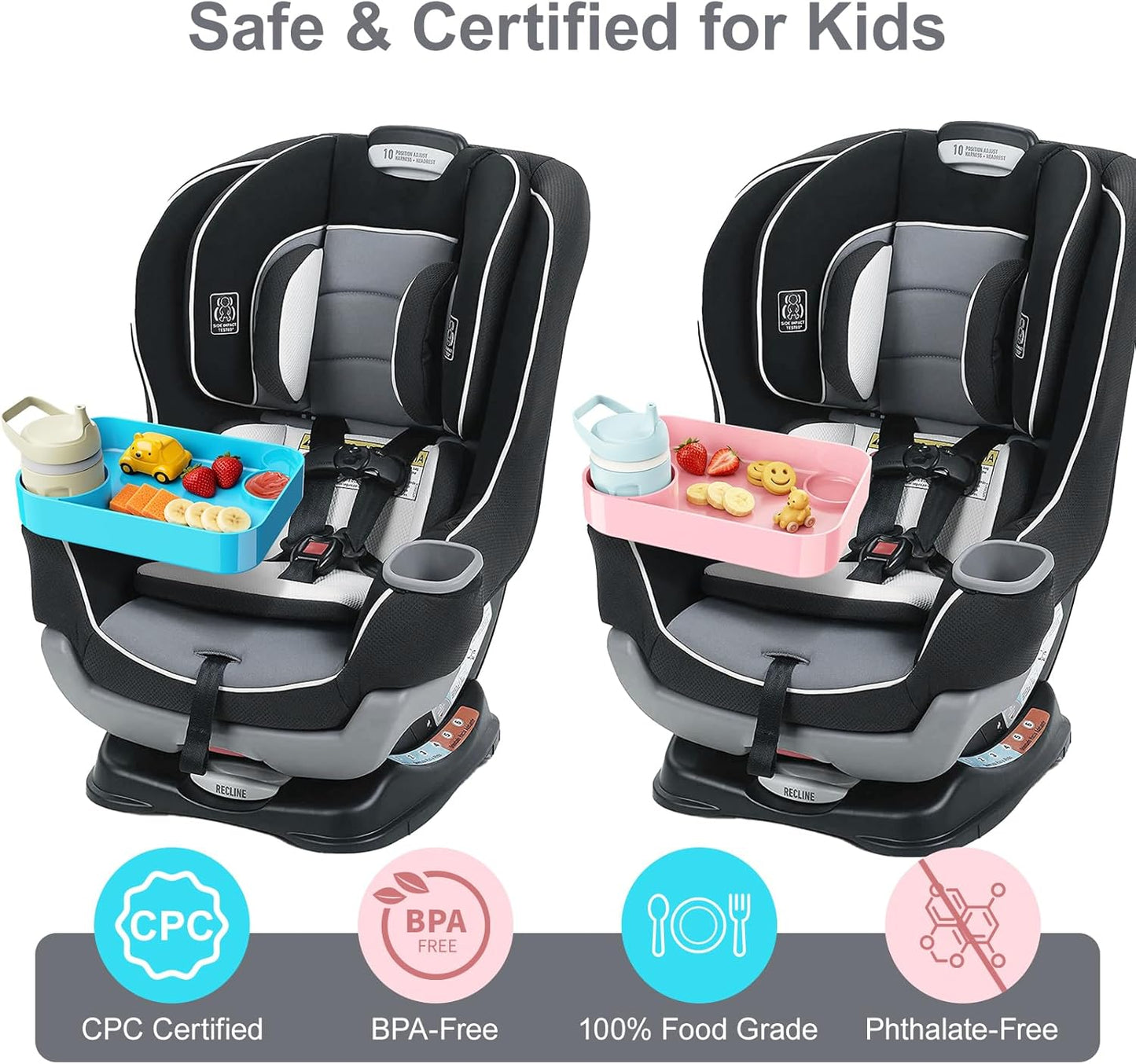 Car Seat Snack Tray for Toddlers - 3 Inch Cup Holder Fits Most Sippy Cups & Straw Bottles with Dip Well, Mess-Free Square Kids Travel Tray Road Trip Essentials, Black