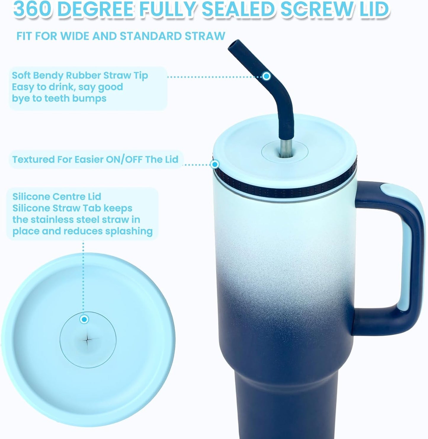 Zukro 40 oz Tumbler with Handle and Straw, Vacuum Insulated Stainless Steel Cup Fits in Cupholder for Travel, Home, Office - No Sweat & Keep Drinks Cold - Dishwasher Safe & BPA Free