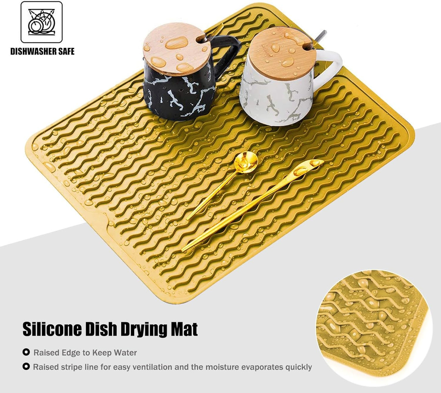 Silicone Dish Drying Mat, Non-Slip Easy Clean Sink Mat Large Heat-resistant Dish Drainer Mat for Kitchen Counter, Sink, Refrigerator or Drawer liner (12" x 6", BLACK)