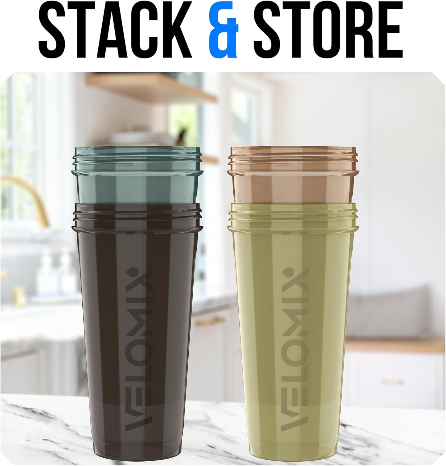 VELOMIX -4 Pack- 28 oz Protein Shaker Bottles for Protein Mixes - 4x Wire Whisk | Leak Proof Shaker Cups for Protein Shakes | Stackable Protein Shaker Bottle Pack (A1) Silver Aurora