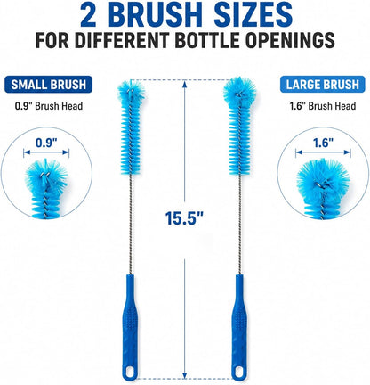 15.5 Inch Long Bottle Brush with 360° Rotating Head - Soft Bristles for Washing Glass, Narrow Neck Bottles, Wine Bottles, Vase, Hummingbird Feeder, Dishwasher Hose & Aquarium Tube, 2 Pack
