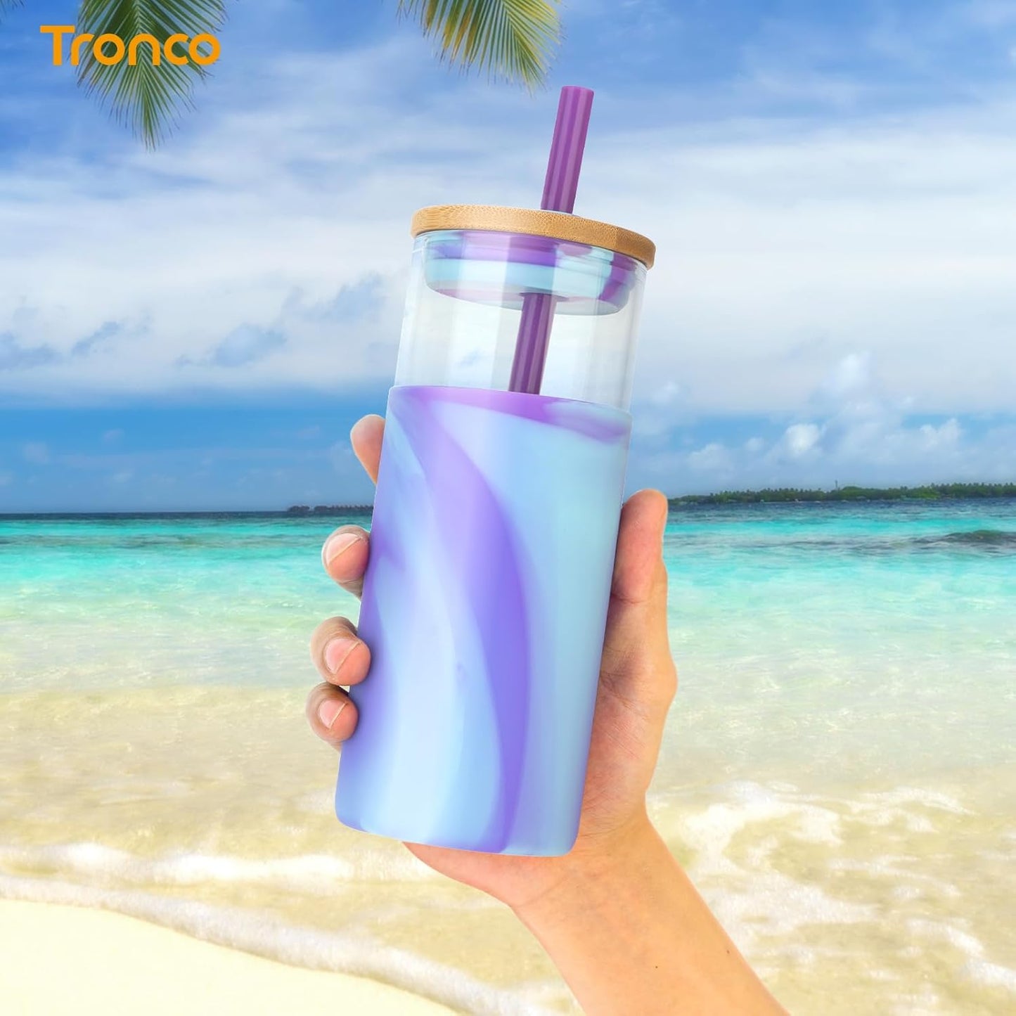 Tronco 20 oz Glass Tumbler with Lid and Straw, Iced Coffee Cup and Smoothie Cup with Bamboo Lids & Protective Silicone Sleeve, Dishwasher Safe, BPA-Free, Glass Cup 1 Pack - Colors B