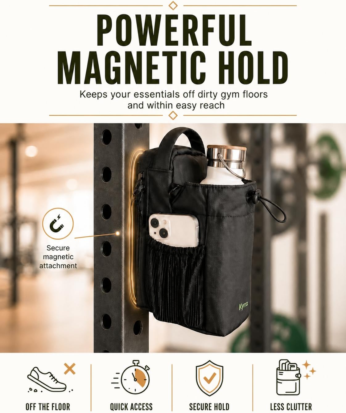 kyrra. Magnetic Gym Bag with Water Bottle Holder Crossbody Bag Strong Magnetic Attachment Fits 40oz Bottles Phone Pocket & Bonus Pouch Gym Accessories for Men and Women