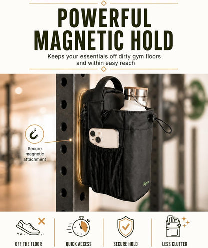 kyrra. Magnetic Gym Bag with Water Bottle Holder Crossbody Bag Strong Magnetic Attachment Fits 40oz Bottles Phone Pocket & Bonus Pouch Gym Accessories for Men and Women