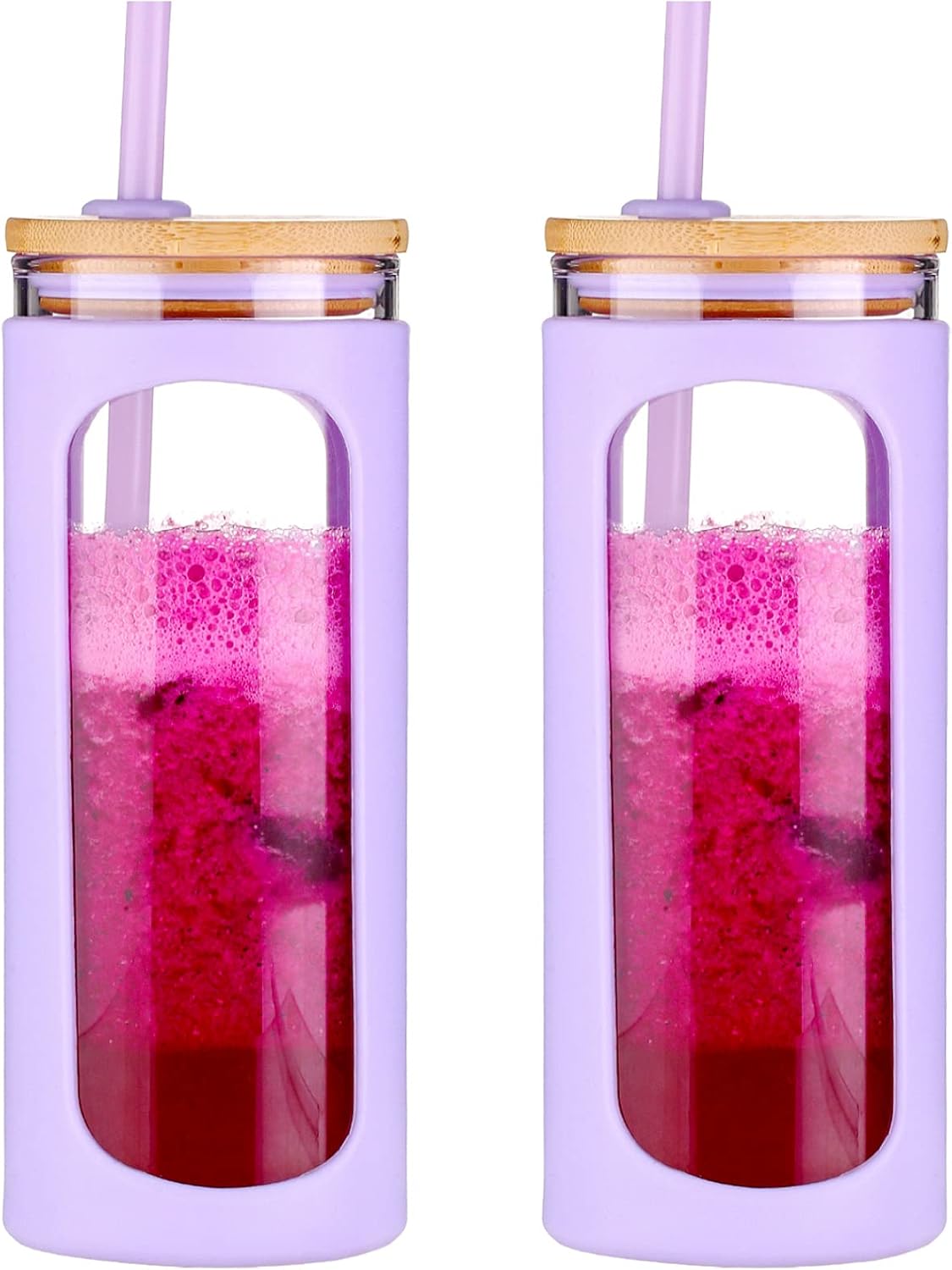 Kodrine 20oz Glass Water Tumbler with Straw and Lid, Bamboo Lids Water Bottle, Iced Coffee Cup Reusable, Wide Mouth Smoothie Cups with Protective Silicone Sleeve BPA FREE-Black - Colors B
