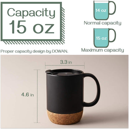 DOWAN Coffee Mugs, 15 oz Mug Set of 2, Large Ceramic Coffee Mug with Cork Bottom and Spill Proof Lid for Mom Dad, Big Mug for Latte Tea, Matte Grey