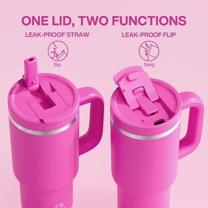 40 oz Tumbler with Handle and Straw: Stainless Steel Insulated Tumbler Keeps Cold for 24 Hours, Leakproof Travel Cup Fits in Cup Holder and BPA-Free, Cotton Candy