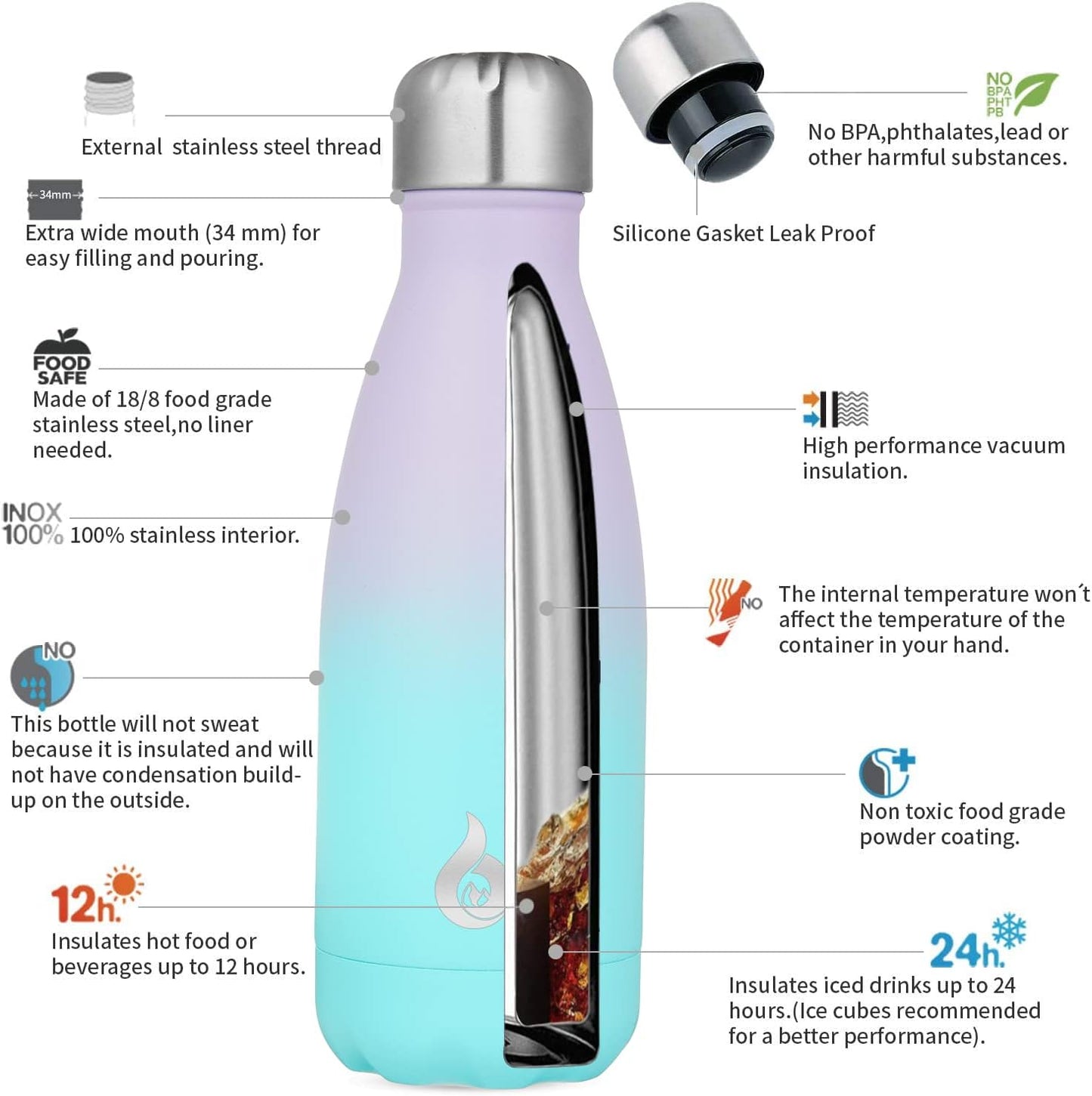 BJPKPK Insulated Water Bottle 12oz Small Stainless Steel Water Bottles Reusable Metal Thermal Keep Cold and Hot,Dreamy Purple - Colors B