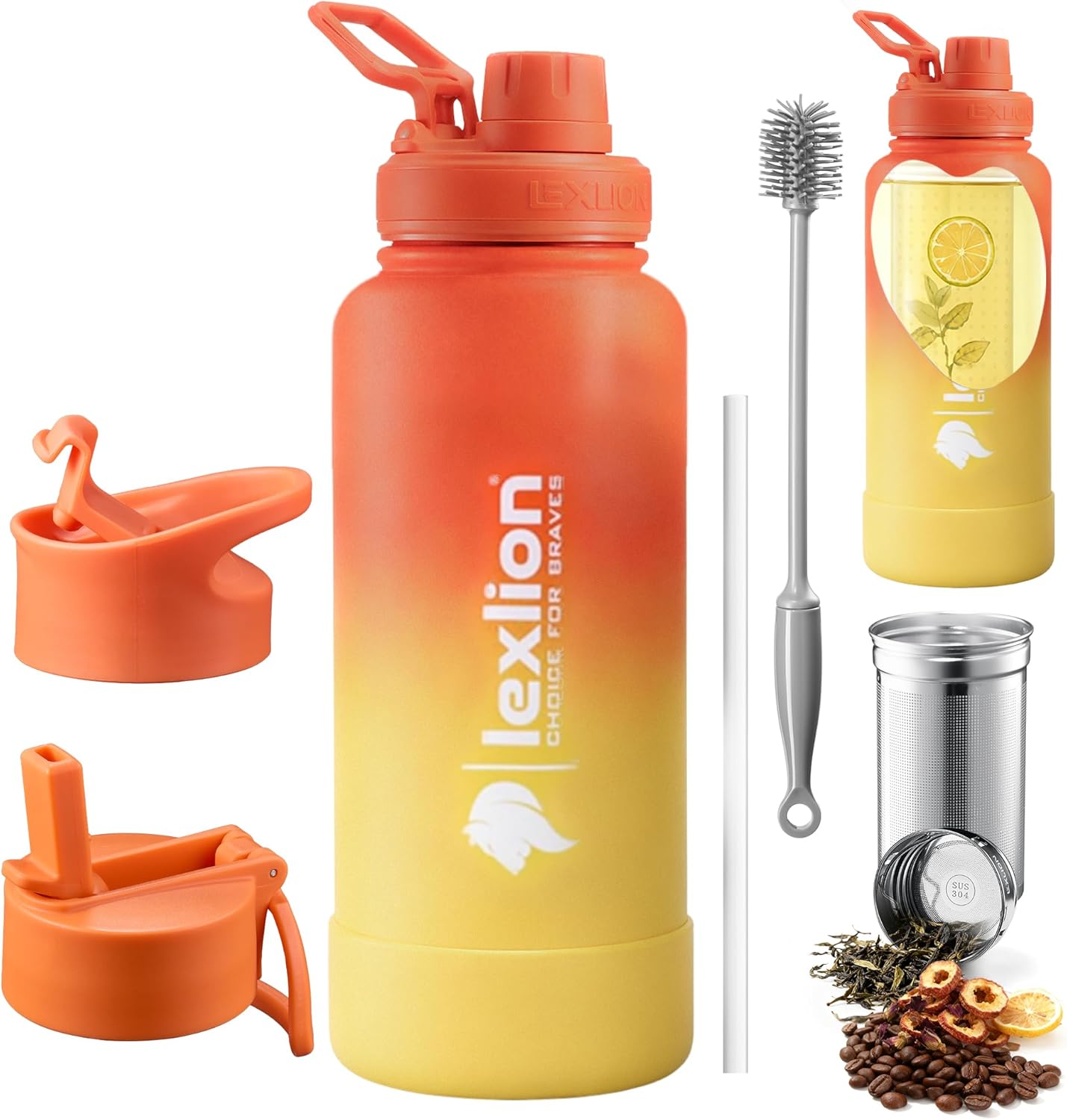 Lexlion Tea Infuser Water Bottle 32 Oz – Triple Wall Insulated Stainless Steel, Loose Leaf & Fruit Strainer, 3 Leakproof Lids, BPA-Free Silicone Sleeve, Reusable Thermal Mug