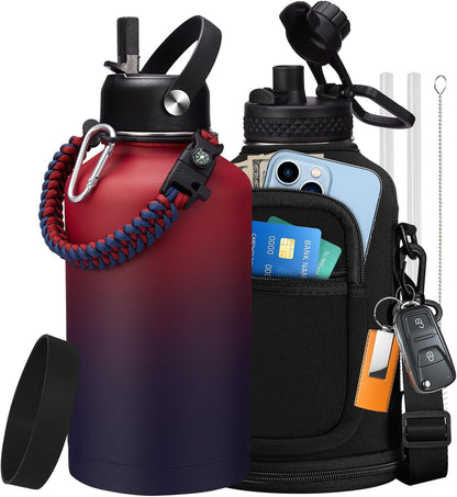 32/40/64OZ Insulated Water Bottle - Keep Cold 48H Hot 24H, Combo Straw/Spout Lids, Paracord Handle for Gym/Hiking, Carrier Bag +Strap, Cup Mat, BPA-Free Stainless Steel Flask Jug
