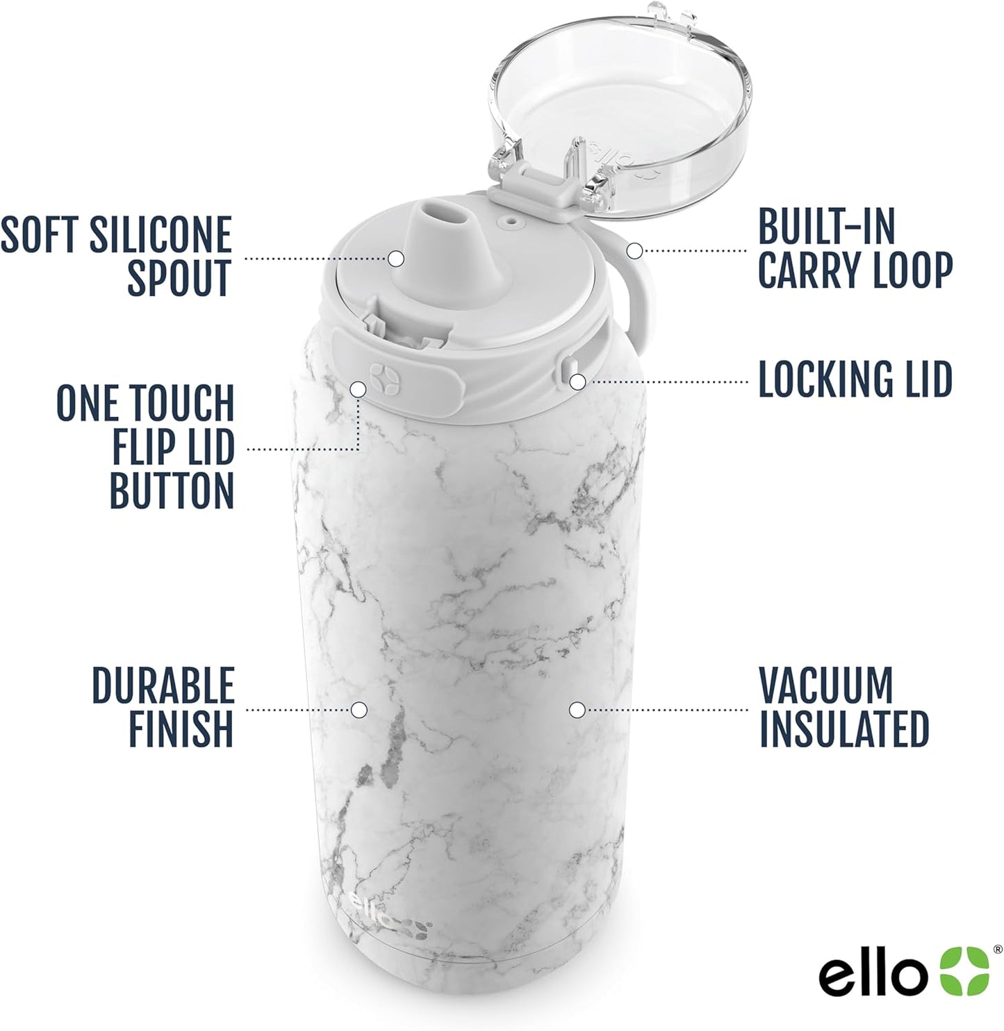 Ello Cooper 22oz Stainless Steel Water Bottle with Straw and Carry Handle, Double Walled and Vacuum Insulated Metal, Leak Proof Locking Lid with Soft Silicone Spout, Reusable, BPA Free, Lilac