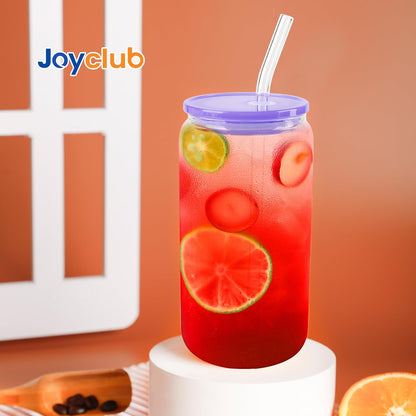 Joyclub 8pcs 16 oz Glass Cups with Acrylic Lids and Straws Can Shaped Iced Coffee Glasses Cute Tumbler Set Drinking Jars for Smoothie Soda Boba Beer Party Housewarming Gifts
