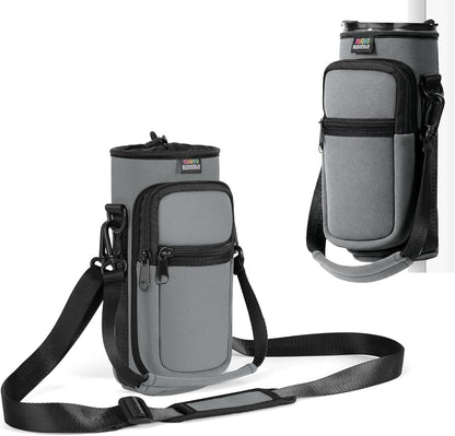Nuovoware Water Bottle Carrier Bag,25oz/40oz/64oz Bottle Pouch Holder,Adjustable Shoulder Hand Strap 2 Pocket Sling Neoprene Sleeve Sports Accessories for Hiking Travelling Camping