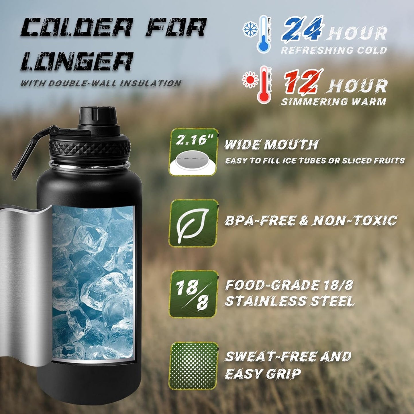 32 oz Insulated Water Bottle with Sleeve - Tactical Stainless Steel Gym Water Bottles for Men, Sports Water Bottle for Hiking Camping Outdoor with Camo Pouch