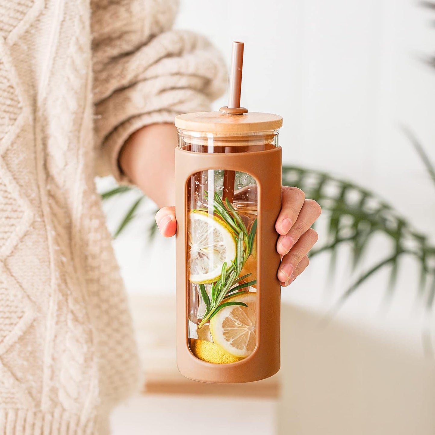 Kodrine 20oz Glass Water Tumbler with Straw and Lid, Bamboo Lids Water Bottle, Iced Coffee Cup Reusable, Wide Mouth Smoothie Cups with Protective Silicone Sleeve BPA FREE-Black - Colors B