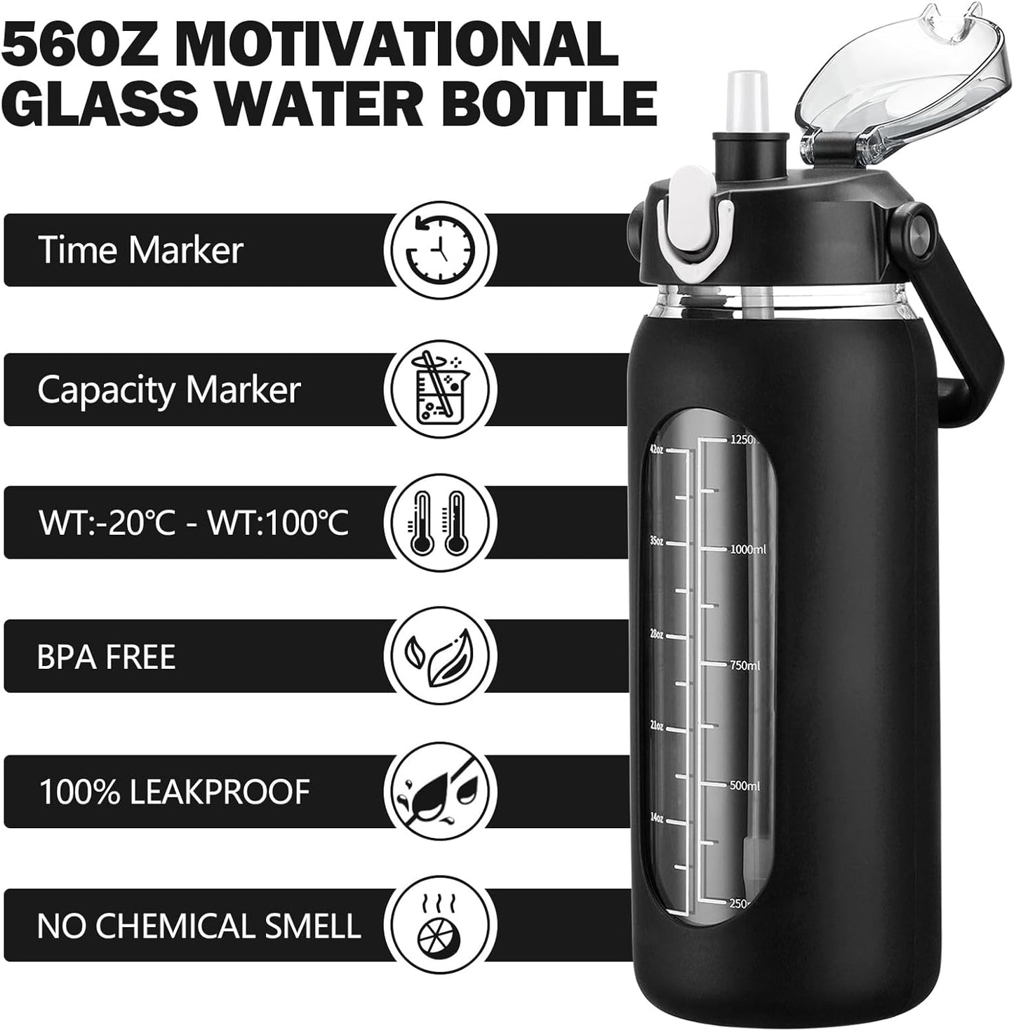 64oz Glass Water Bottles with Straw, Half Gallon Motivational Glass Bottle with Silicone Sleeve and Time Marker, 2L Leakproof Large Glass Water Jug for Gym Home Office,olive