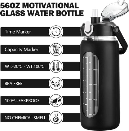 64oz Glass Water Bottles with Straw, Half Gallon Motivational Glass Bottle with Silicone Sleeve and Time Marker, 2L Leakproof Large Glass Water Jug for Gym Home Office,olive