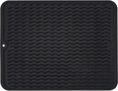 Silicone Dish Drying Mat, Non-Slip Easy Clean Sink Mat Large Heat-resistant Dish Drainer Mat for Kitchen Counter, Sink, Refrigerator or Drawer liner (12" x 6", BLACK)
