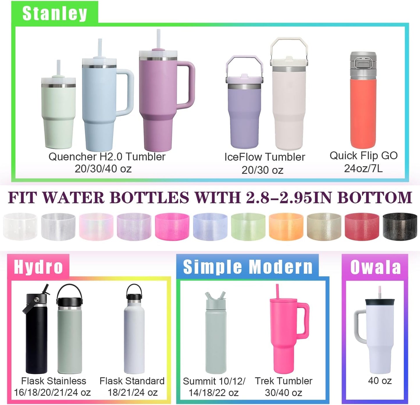 Jelly Luster Glitter Silicone Transparent Boot for Stanley 20-40oz, Compatible with Hydro Flask or Other Water Bottle Tumbler, 2.85-3.0 inch Protective Anti-Slip Bottom Sleeve Cover
