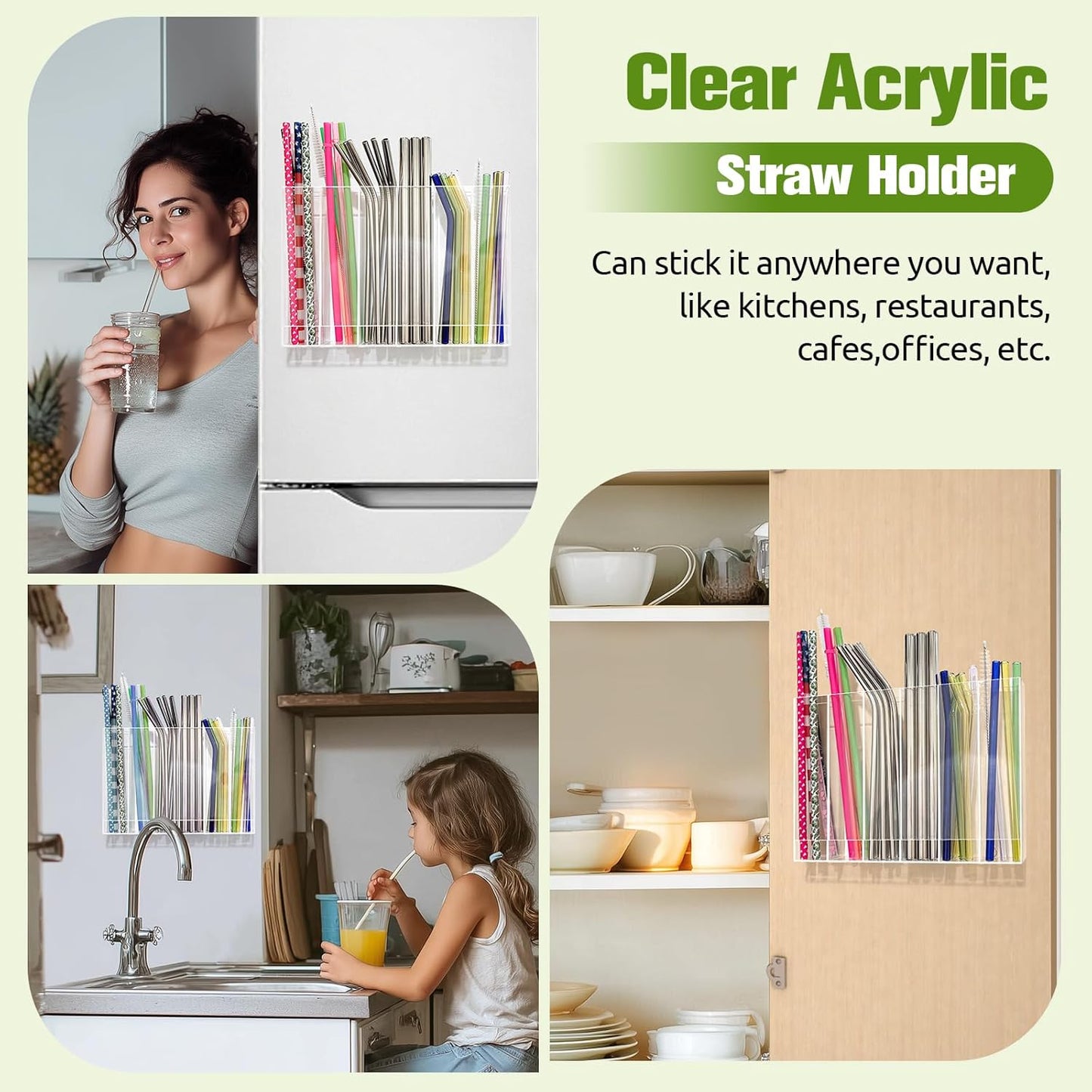9.6” Large Acrylic Straw Holder for Cabinet Door - 6 compartments, easy to clean, Reusable Tumbler Straw Organizer Storage, Small Kitchen Accessories Container, Ultra Sticky Cupboard Door Mounted