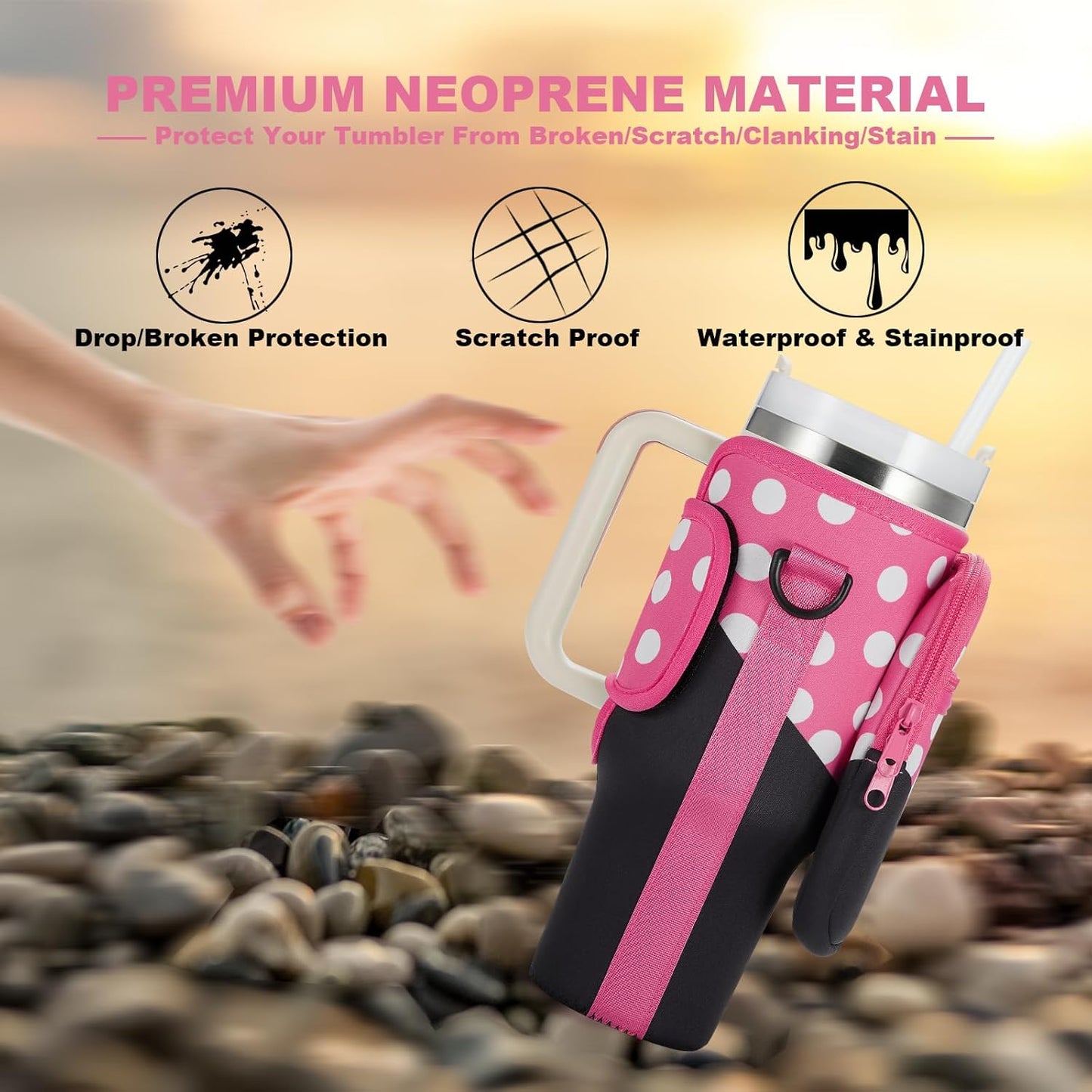 BULKITEM Water Bottle Carrier Bag with Phone Pocket for Stanley 40 & 30 oz Tumbler with Handle,Pink Insulated Neoprene Cup Holder Pouch w/Adjustable Strap for Quencher H2.0 Stanley Cup Accessories