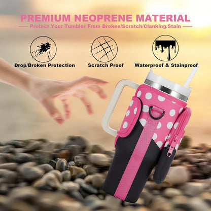 BULKITEM Water Bottle Carrier Bag with Phone Pocket for Stanley 40 & 30 oz Tumbler with Handle,Pink Insulated Neoprene Cup Holder Pouch w/Adjustable Strap for Quencher H2.0 Stanley Cup Accessories
