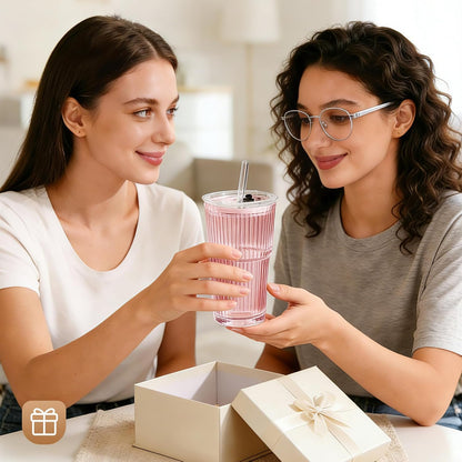 GOSCHE 20oz Ribbed Glass Tumbler with Straw and Lid, Clear Iced Coffee Cups Vintage Glassware, Glass Cups with Lids and Straws for Smoothie Water Tea Juice, Clear, 2 Pack