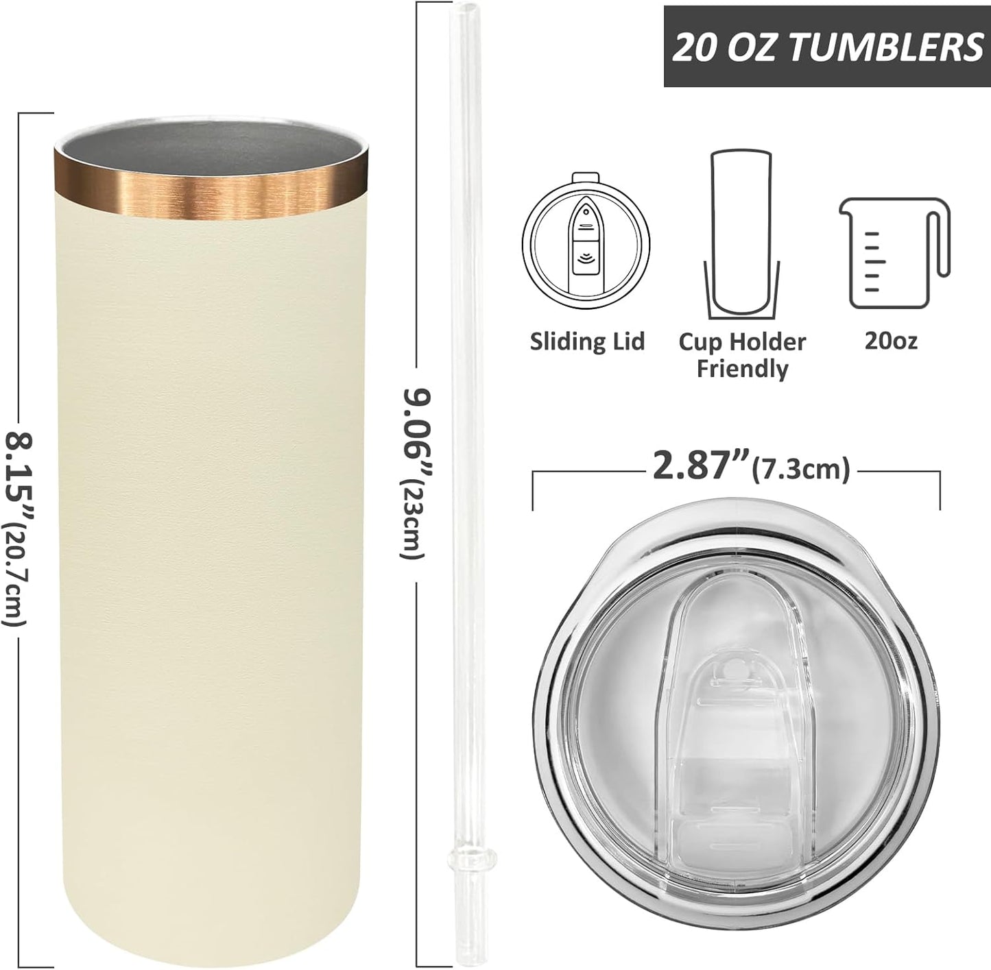 20 oz Skinny Tumblers Bulk, Stainless Steel Insulated Tumbler with Lids and Straws, Slim Double Wall Powder Coated Travel Coffee Mugs Reusable Cup for Hot Cold Drinks (Black,1 pack)