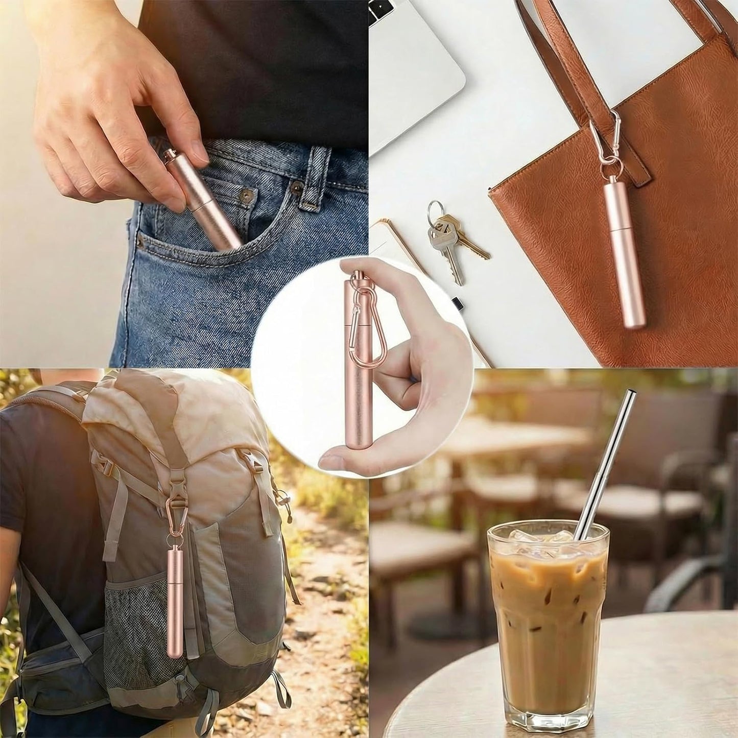 Collapsible Stainless Steel Drinking Straws with Aluminum Case, Cleaning Brush, and Keychains（Black+Silver）