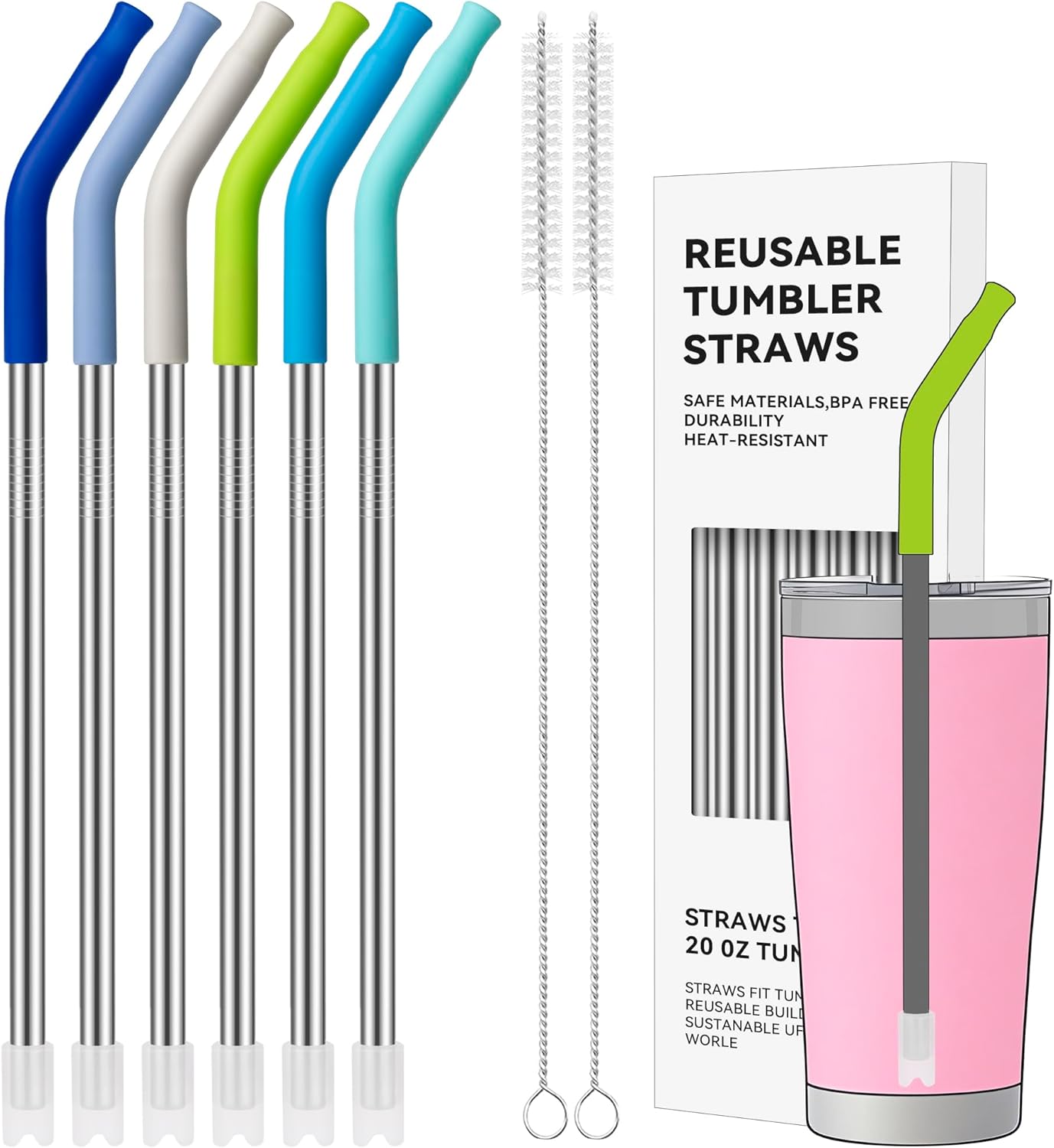 40 oz Straight Metal Straws for 40 oz Stanley Tumbler, 6 Pcs Stainless Steel Reusable Drinking Metal Straw with Colourful Silicone Tips,Straw for Glass Cups, BPA FREE