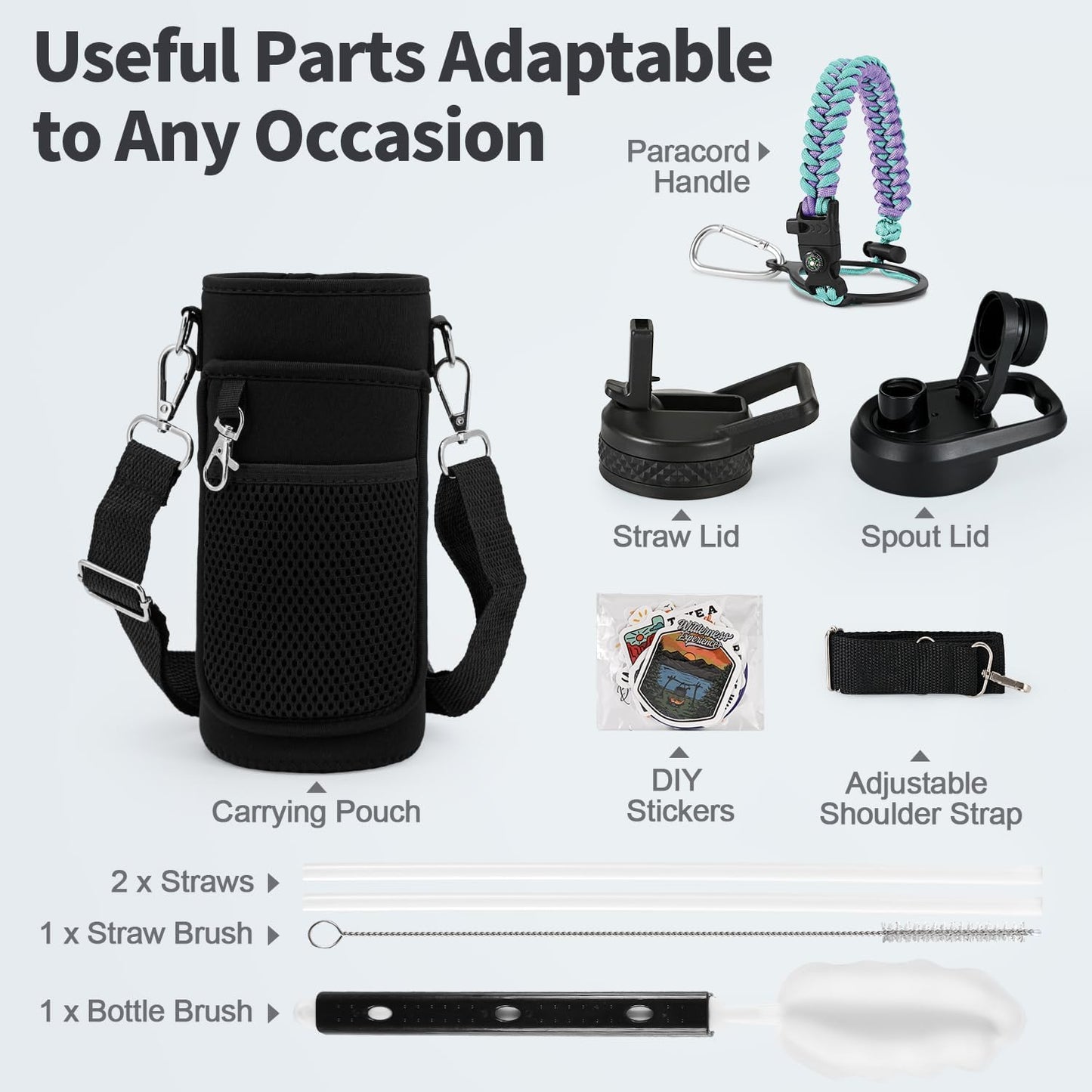 WixByti 40 oz Insulated Water Bottle with Straw (Cold for 36 Hrs), Stainless Steel Triple Wall Vacuum Sports Water Jug, Leakproof Hydro Cup Flask with Paracord Handle & Straw Spout Lids & DIY Stickers