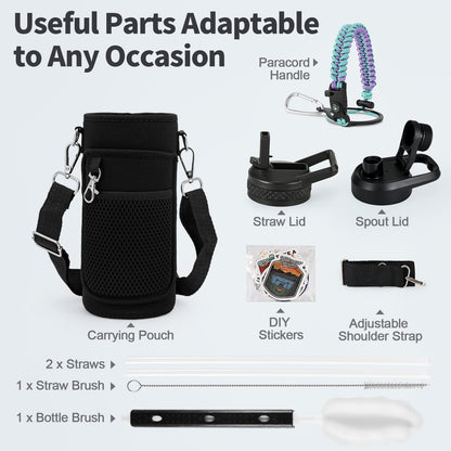 WixByti 40 oz Insulated Water Bottle with Straw (Cold for 36 Hrs), Stainless Steel Triple Wall Vacuum Sports Water Jug, Leakproof Hydro Cup Flask with Paracord Handle & Straw Spout Lids & DIY Stickers