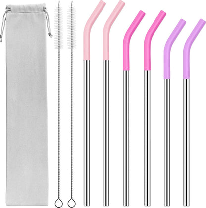 40 oz Stainless Metal Straws for 40 oz Stanley Tumbler, 6Pcs Reusable Straight Long Steel Straws with 12 Silicone Tips and 2 Straw Cleaning Brushes (6Color1, 40oz)