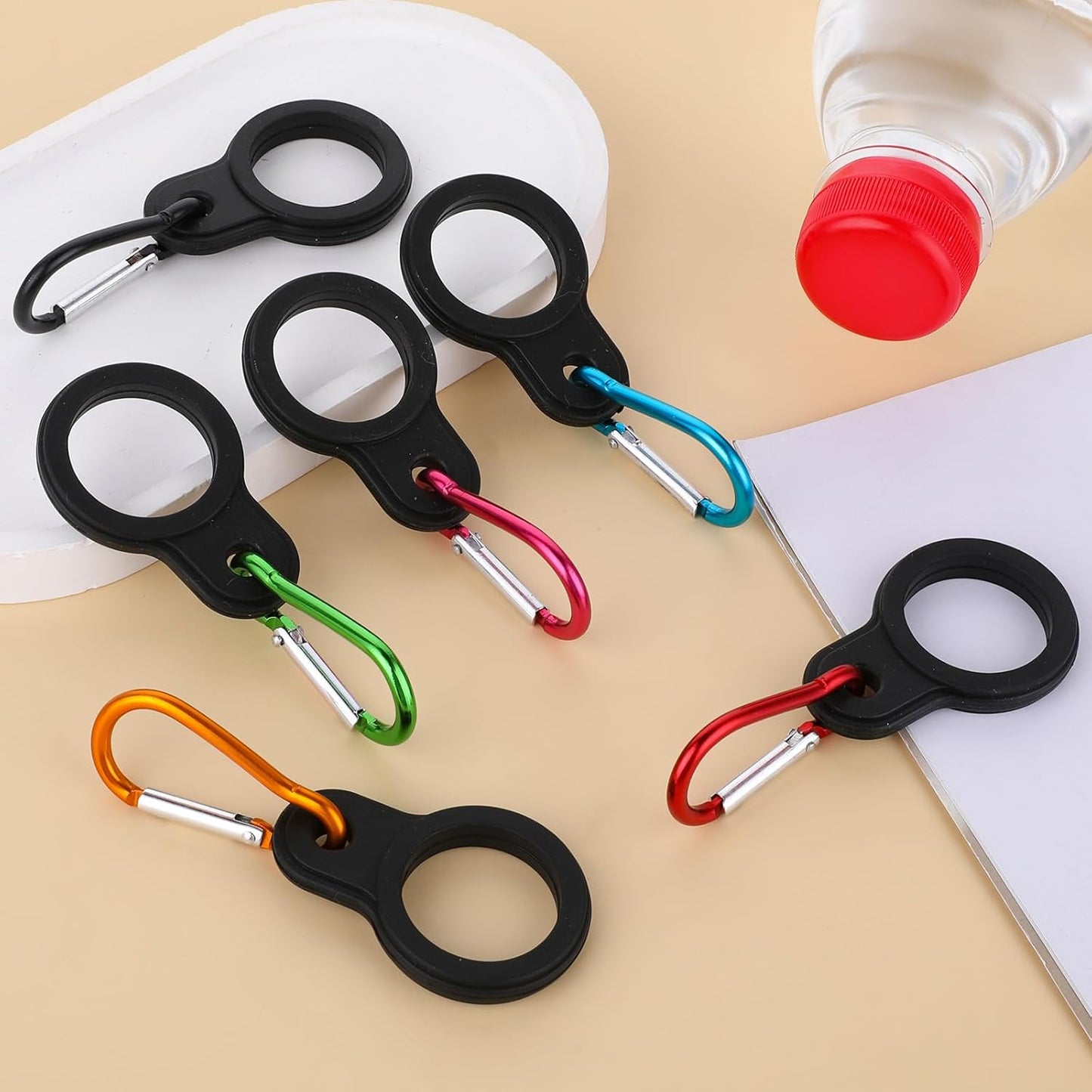 6 Packs Water Bottle Keychain, Silicone Water Bottle Carrier with Key Ring Clips, Universal Bottles Loop Holder for Backpacks, Gym (Black, Blue, Green, Rose Red, Red, Orange)