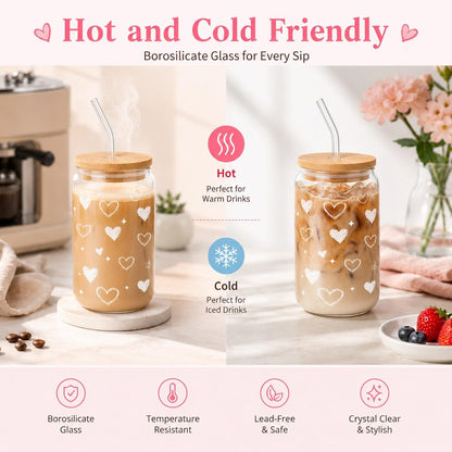 Glass Cups with Lids and Straws 1Pack,Glass Coffee Cups,Glass Cup with Lid for Iced Coffee,Smoothie,Cocktail,Beer,Whiskey,Soda,Matcha,16 Oz Glass Cup with Bamboo Lid,1 Brush