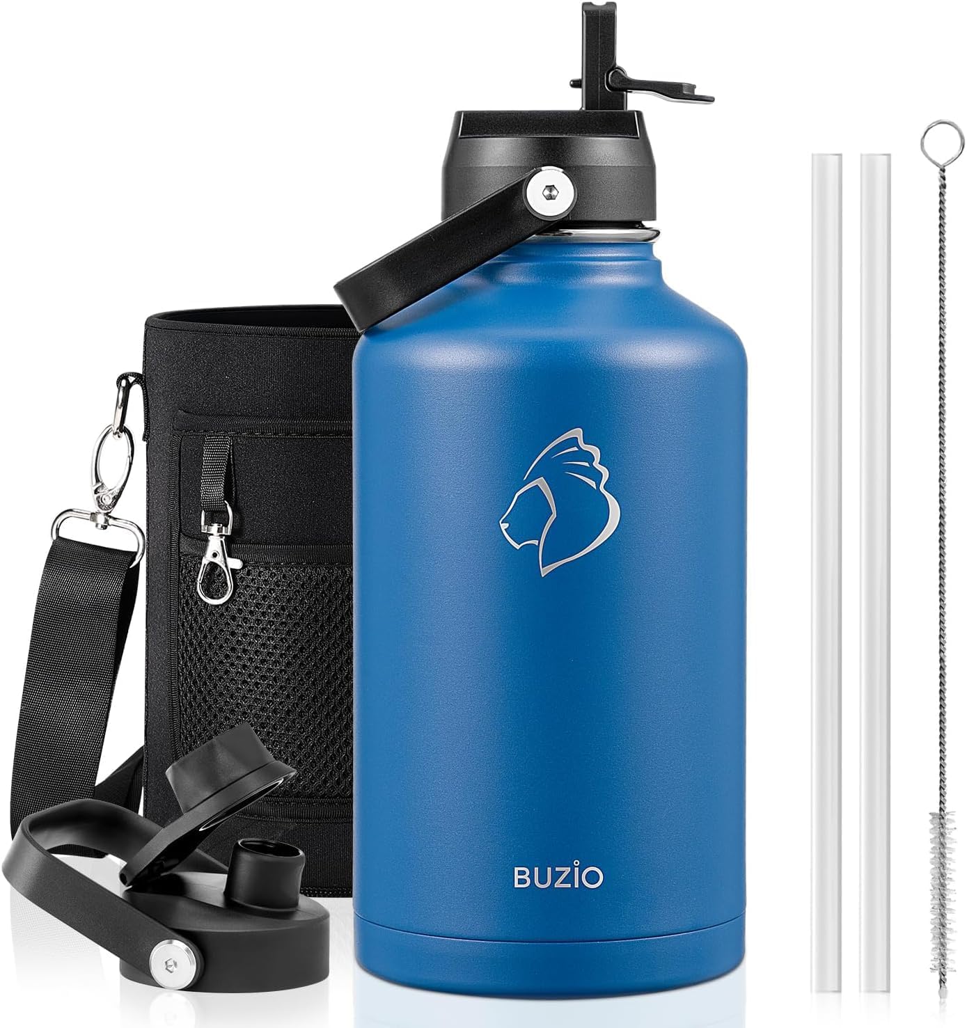 BUZIO 40oz Insulated Water Bottle, Triple Wall Vacuum Stainless Steel Water Flask with 2 lids, Lead-Free BPA-Free Straw Lid Sports Canteen Jug, Cold 48H & Hot 24H- Black - Colors B