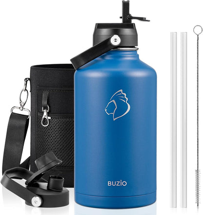 BUZIO 40oz Insulated Water Bottle, Triple Wall Vacuum Stainless Steel Water Flask with 2 lids, Lead-Free BPA-Free Straw Lid Sports Canteen Jug, Cold 48H & Hot 24H- Black - Colors B