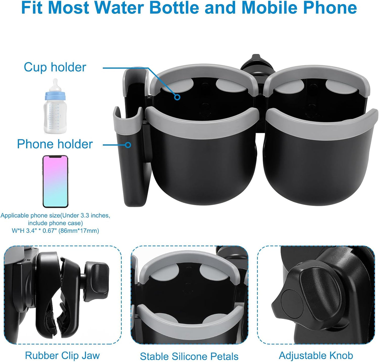 Accmor Stroller Cup Holder with Phone Holder, Bike Cup Holder, Universal Cup Holder for Uppababy Nuna Doona Strollers, 2-in-1 Cup Holder for Walker, Wheelchair, Scooter - Colors B