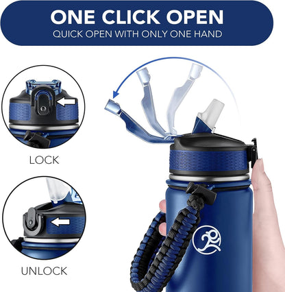 GOSWAG Insulated Sports Water Bottle, 24oz 2 Lids(with Straw/No Straw), Stainless Steel Water Bottles with Paracord Handle, Insulated Bottle with Double-Wall Vacuum Insulation