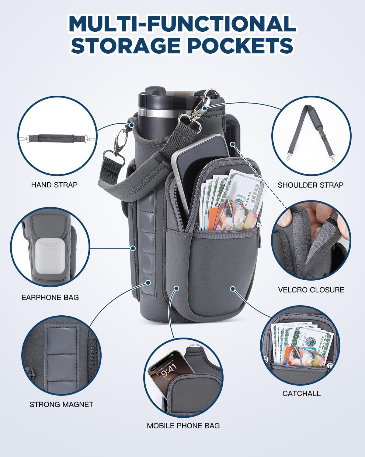 IPOW Magnetic Gym Bag Water Bottle Carrier Holder with Phone Pockets & Shoulder Strap for Men Women,Water Bottle Holder, Gym Pouch, Crossbody Bag for Travel, Sports, Work, Fitness - Black