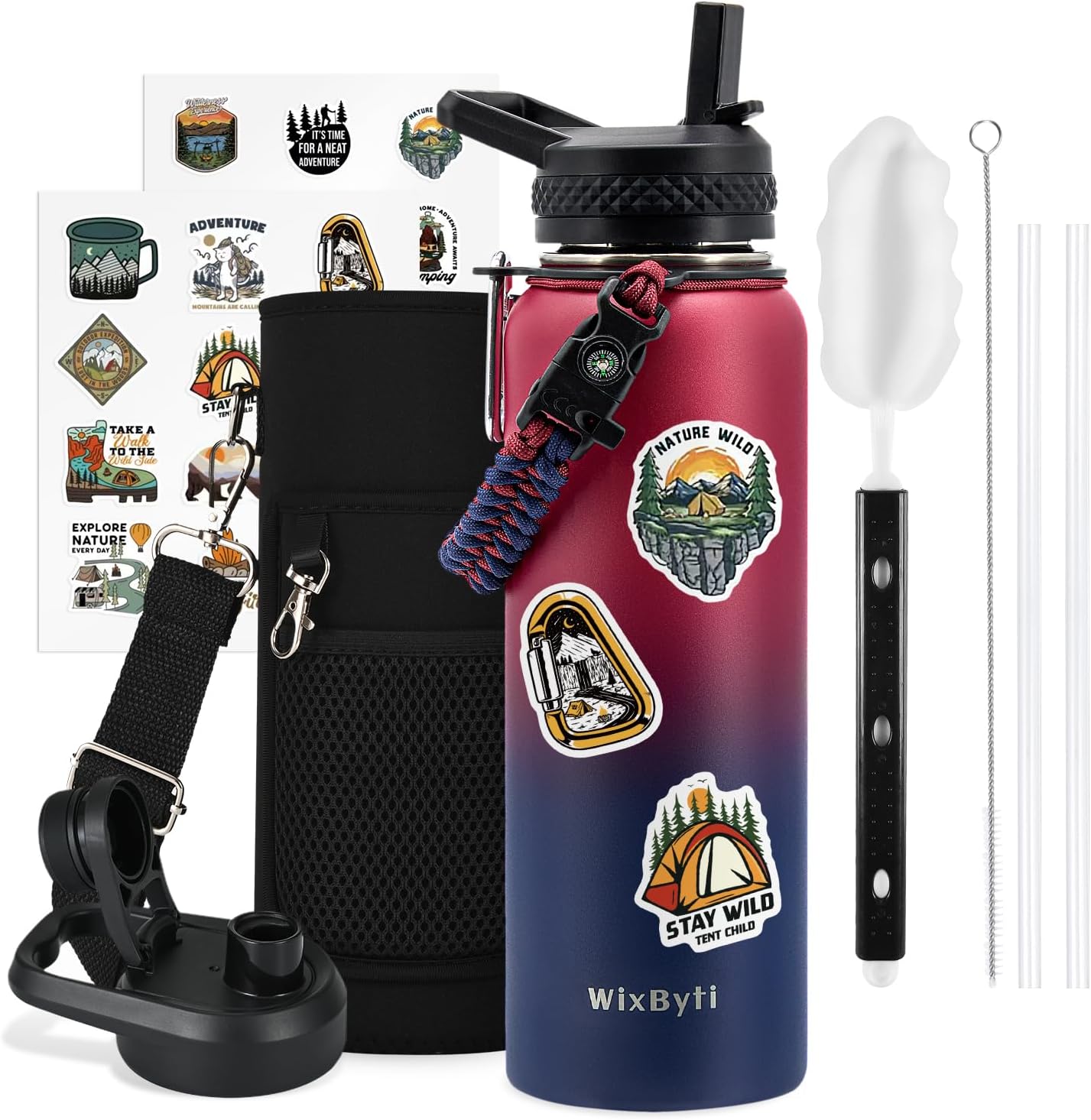 WixByti 40 oz Insulated Water Bottle with Straw (Cold for 36 Hrs), Stainless Steel Triple Wall Vacuum Sports Water Jug, Leakproof Hydro Cup Flask with Paracord Handle & Straw Spout Lids & DIY Stickers