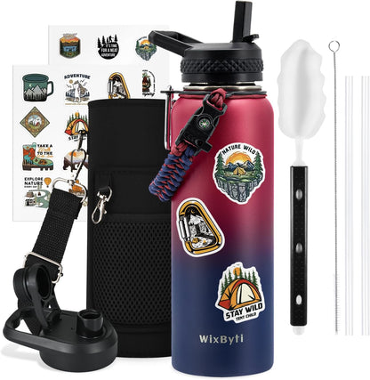 WixByti 40 oz Insulated Water Bottle with Straw (Cold for 36 Hrs), Stainless Steel Triple Wall Vacuum Sports Water Jug, Leakproof Hydro Cup Flask with Paracord Handle & Straw Spout Lids & DIY Stickers