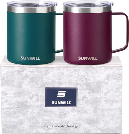 SUNWILL Travel Coffee Mug with Lid, Insulated Tumbler with Handle, 14 oz Stainless Steel Cup for Ice, Water, Tea, Rose Gold