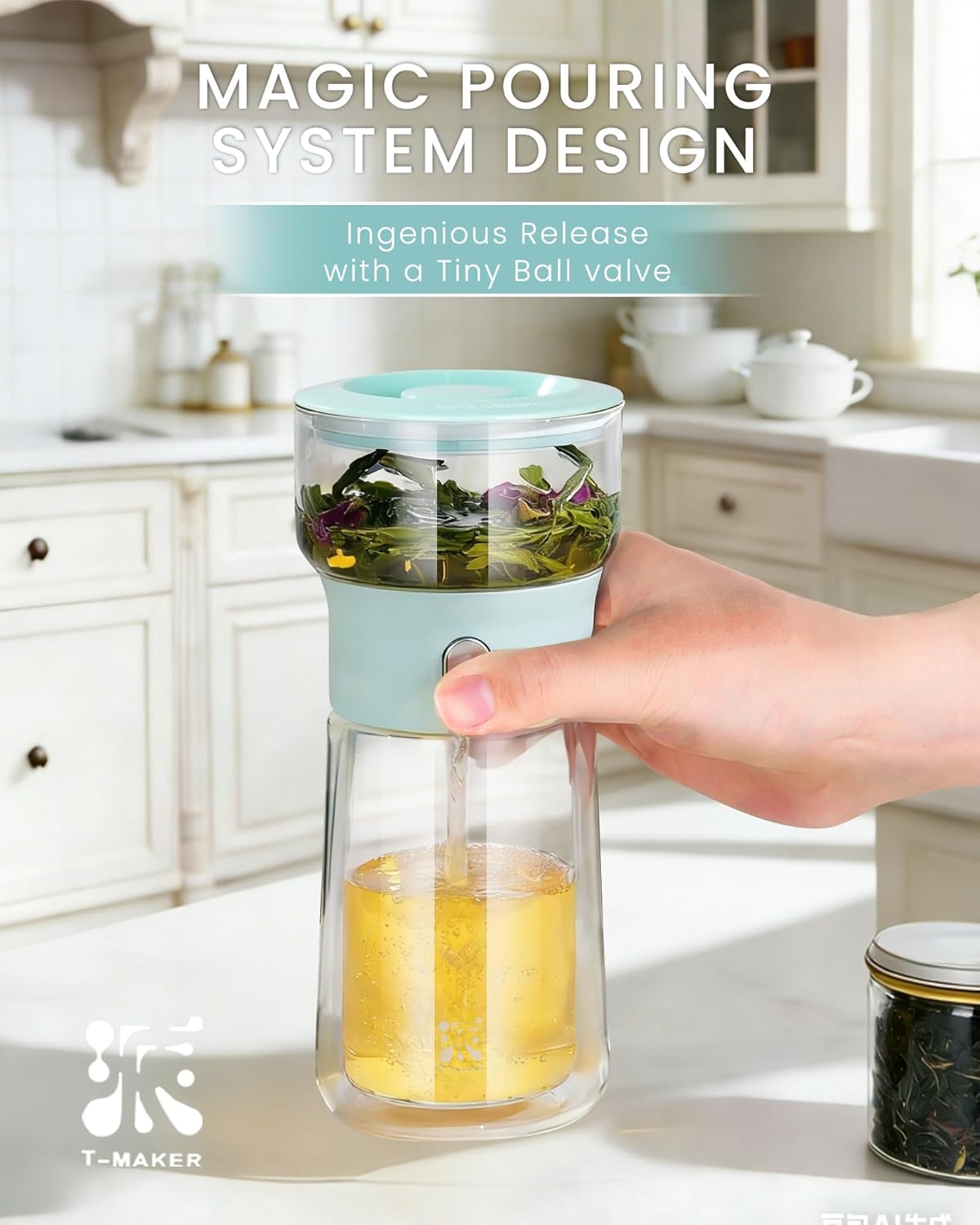 ZENS Modern Glass Infuser Teapot, One Touch Tea Maker for Loose Leaf Tea with Insulated Mug and Portable Case. Enchanted Pot Alternatives for Tea Lover Gifts