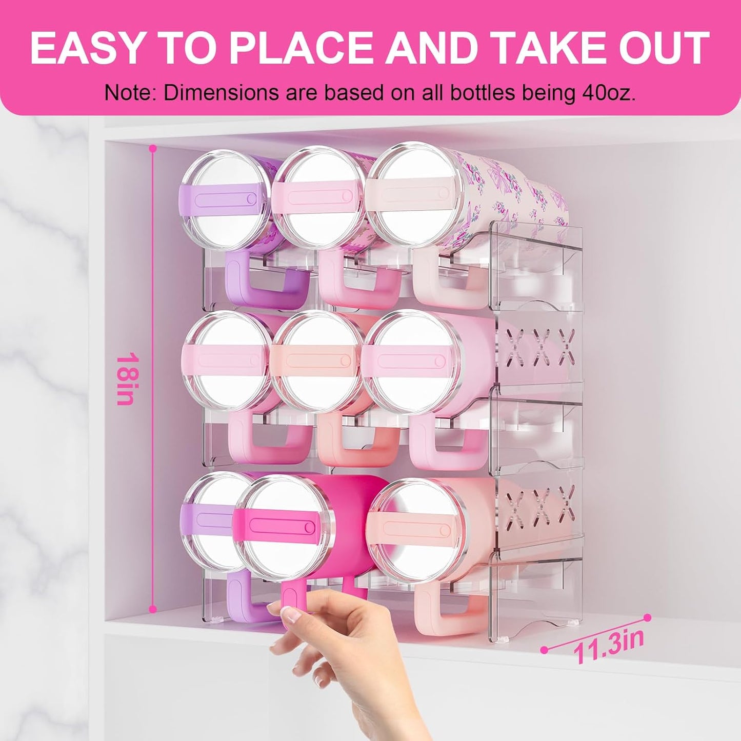 JYPS Tumbler Organizer, Acrylic Water Bottle Storage For Full Stanley 40oz Tumbler, Stackable Handle Cup Holder For Home Kitchen Pantry Countertop Cabinet, Size For Stanley/HydroJug/Owala/YETI/BrüMate