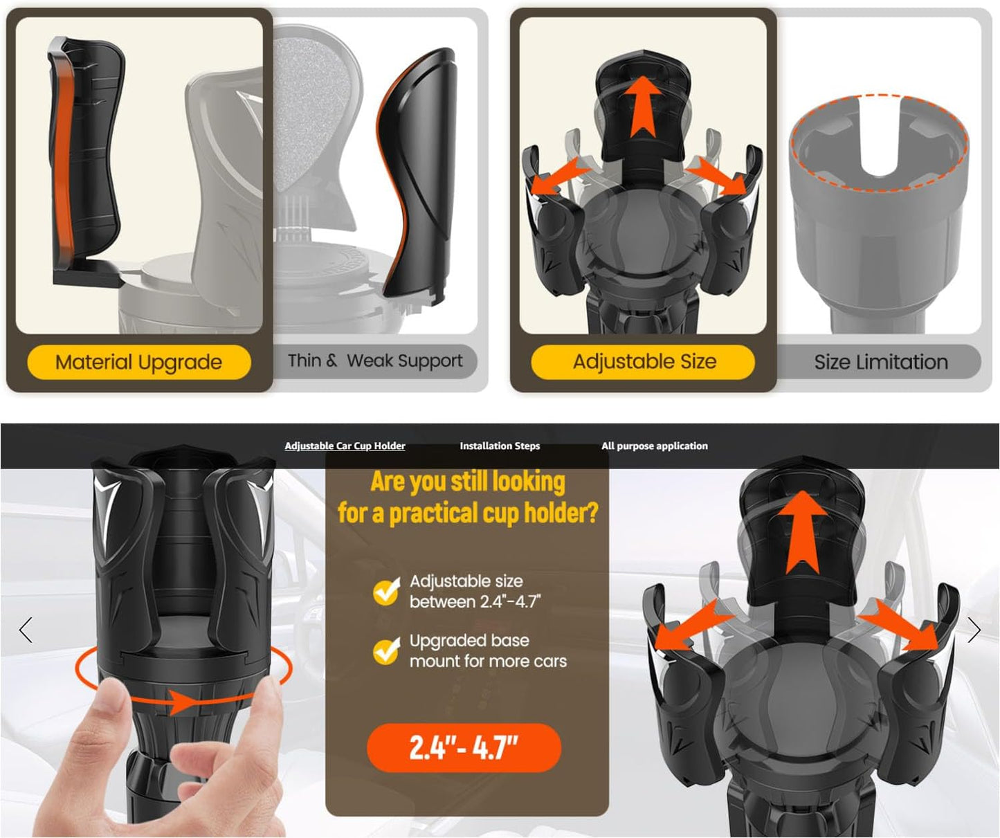 Adjustable Car Cup Holder Expander, Cup Holder for Car with Rubber Pad for 10-64ozYeti Hydro Flask Stanley Owala Coffee Cup Water Bottles, Universal Cupholder Adapter with Adjustable Base
