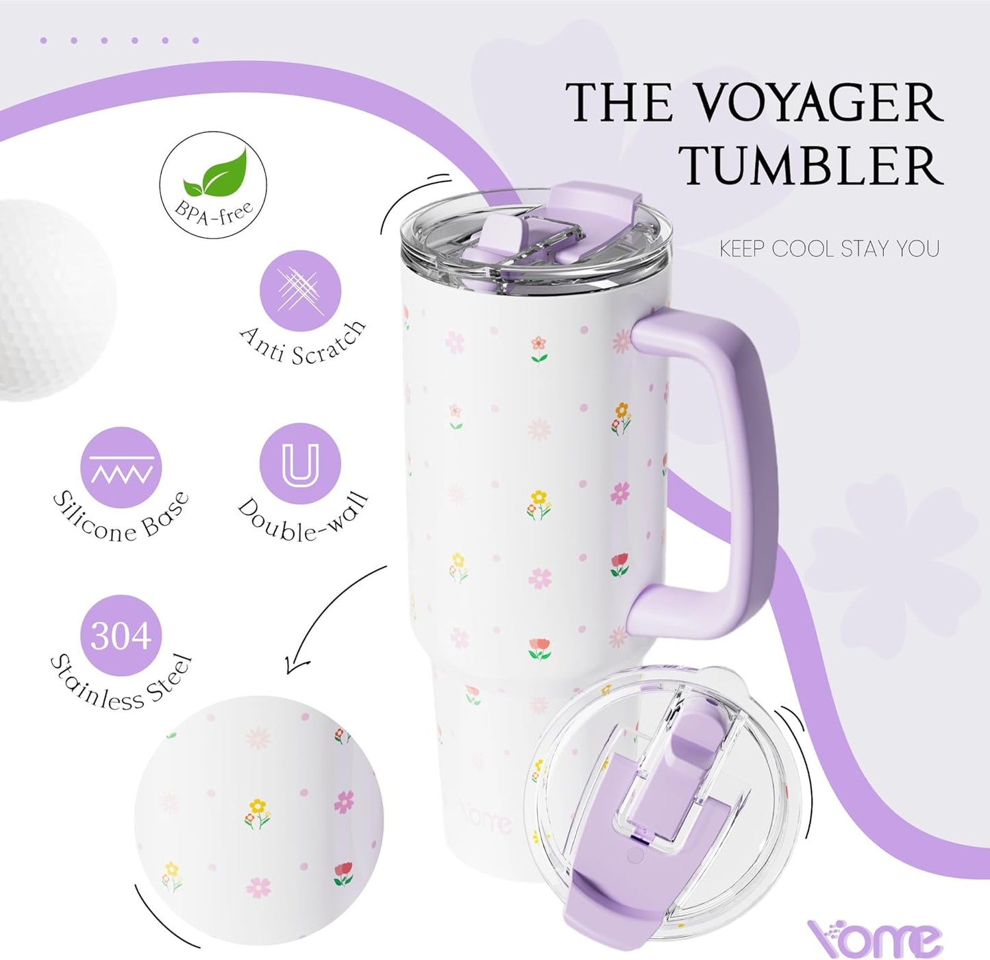 YOME 40oz Nurse Tumbler with Handle and Flip Straw | Stainless Steel Insulated Water Bottle | Keeps Drinks Cold | Dishwasher Safe | Cupholder Friendly | Gift Gym Travel Yoga